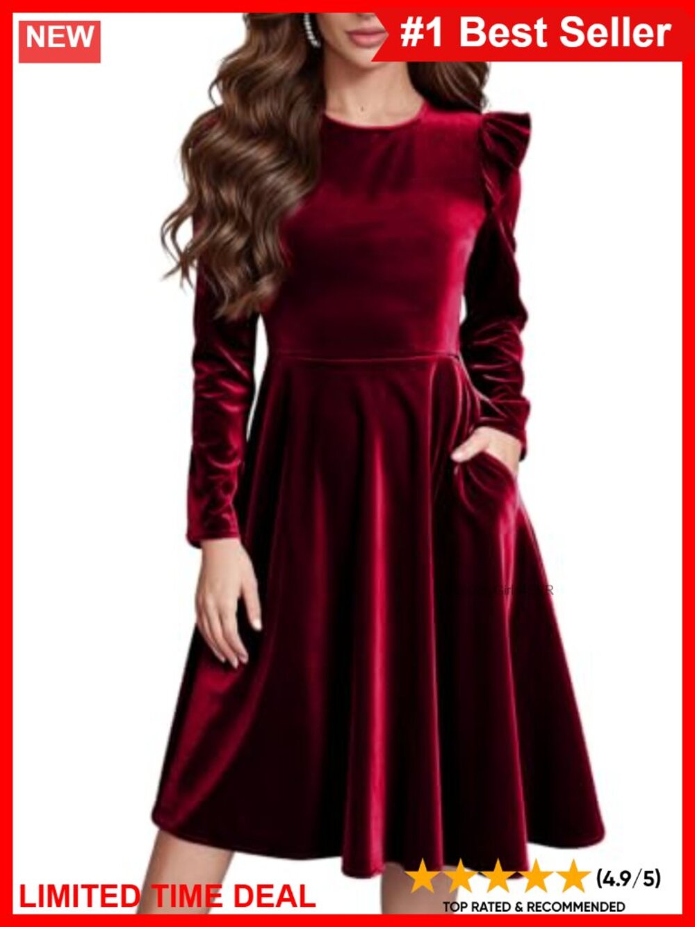 Velvet Midi Dress Ruffle Long Sleeve Pocket Fit Flare Party